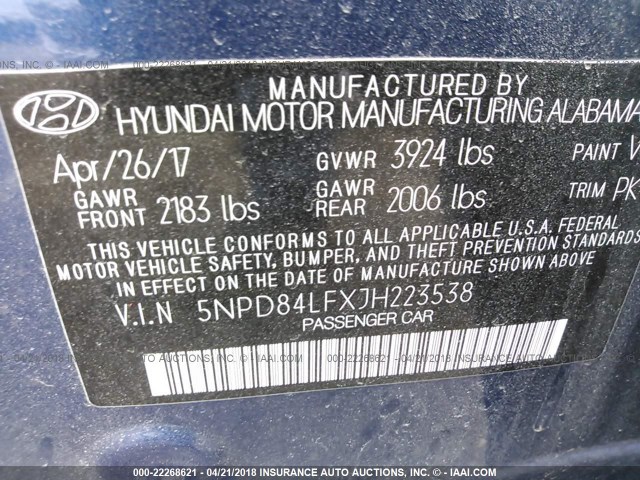 5NPD84LFXJH223538 - 2018 HYUNDAI ELANTRA SEL/VALUE/LIMITED BLUE photo 9