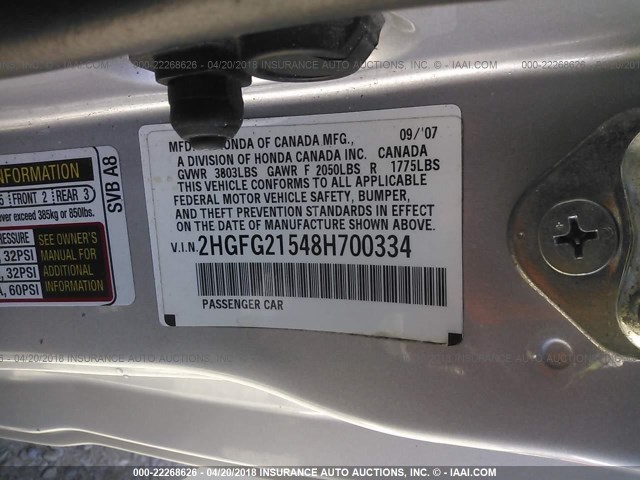 2HGFG21548H700334 - 2008 HONDA CIVIC SI SILVER photo 9