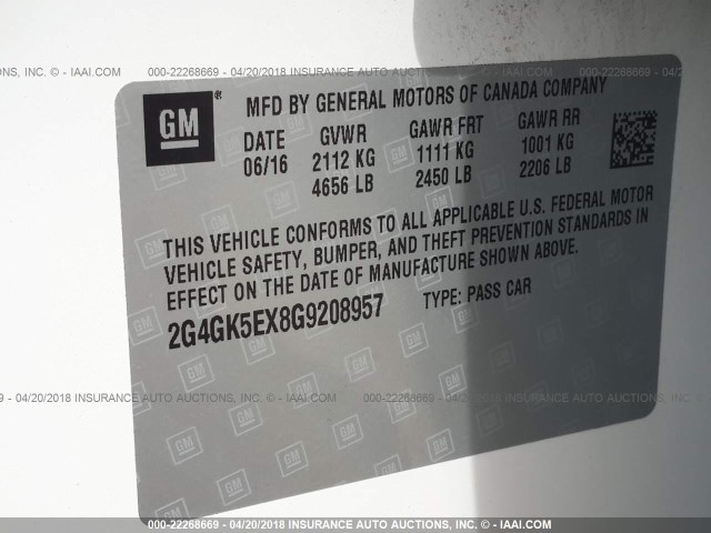 2G4GK5EX8G9208957 - 2016 BUICK REGAL WHITE photo 9