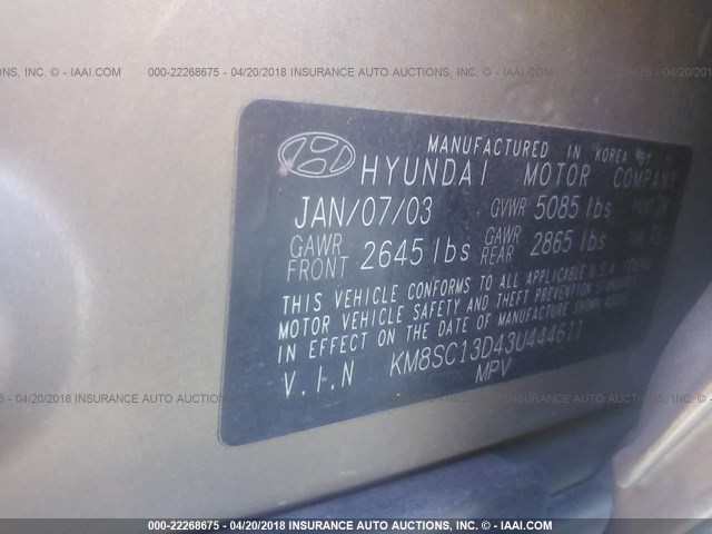 KM8SC13D43U444611 - 2003 HYUNDAI SANTA FE GLS/LX GOLD photo 9