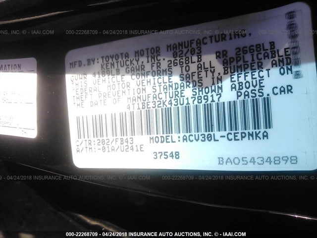 4T1BE32K43U178917 - 2003 TOYOTA CAMRY LE/XLE/SE 黑色 照片 9