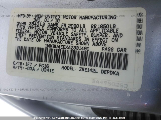 1NXBU4EEXAZ331490 - 2010 TOYOTA COROLLA S/LE/XLE SILVER photo 9