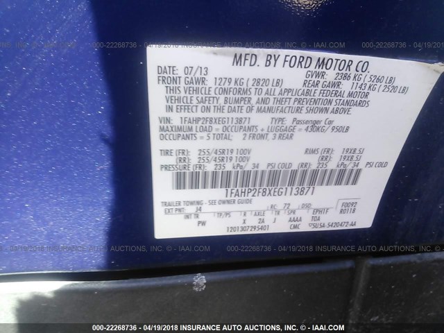 1FAHP2F8XEG113871 - 2014 FORD TAURUS LIMITED BLUE photo 9