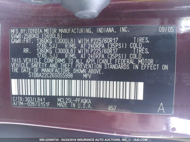 5TDBA22C26S055998 - 2006 TOYOTA SIENNA XLE/XLE LIMITED RED photo 9