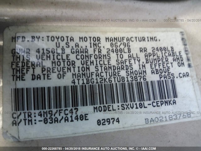 4T1BG12K6TU813876 - 1996 TOYOTA CAMRY DX/LE/XLE GOLD photo 9