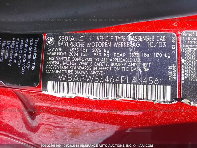 WBABW53464PL43456 - 2004 BMW 330 CI RED photo 9