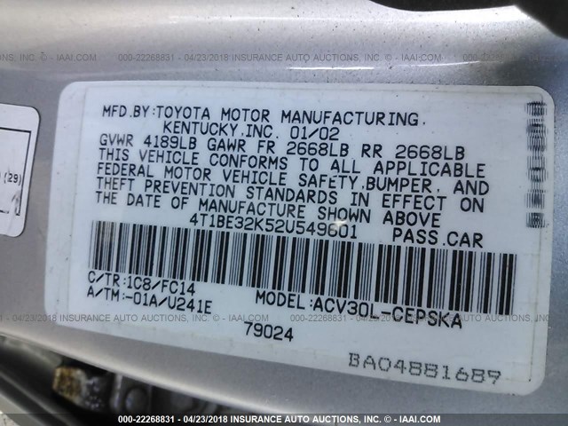 4T1BE32K52U549601 - 2002 TOYOTA CAMRY LE/XLE/SE GRAY photo 9