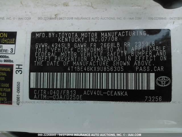 4T1BE46KX9U856305 - 2009 TOYOTA CAMRY SE/LE/XLE WHITE photo 9