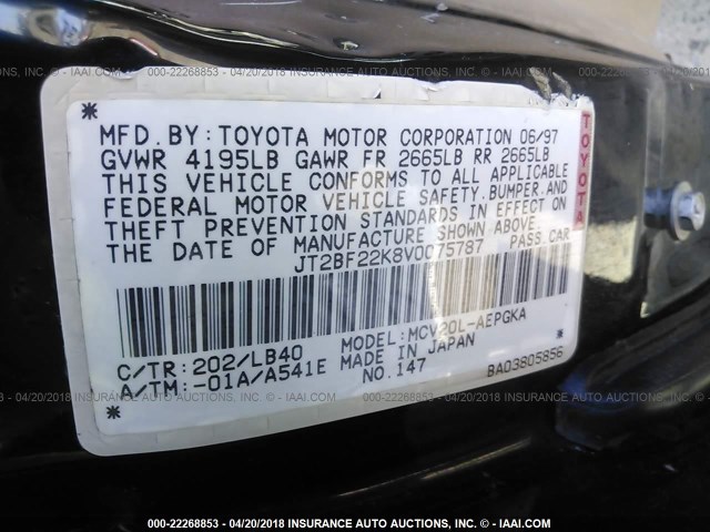 JT2BF22K8V0075787 - 1997 TOYOTA CAMRY LE/XLE შავი ფოტო 9