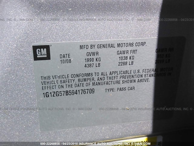 1G1ZG57B594176709 - 2009 CHEVROLET MALIBU LS 银色 照片 9