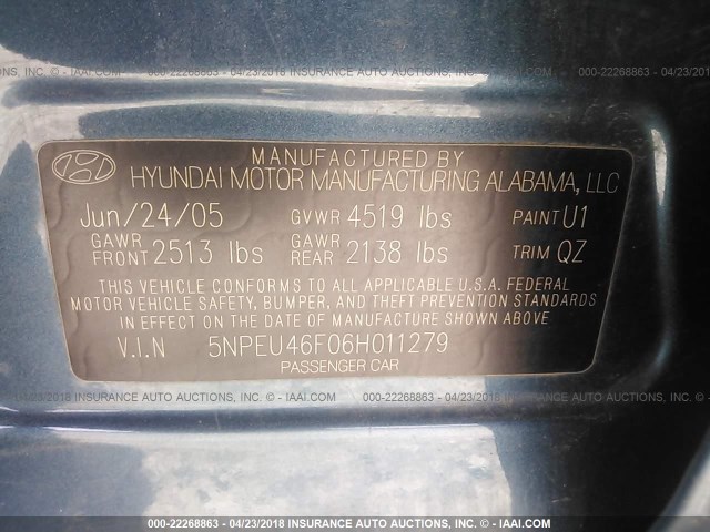 5NPEU46F06H011279 - 2006 HYUNDAI SONATA GLS/LX BLUE photo 9