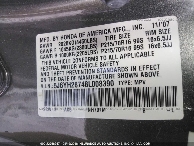 5J6YH28748L008390 - 2008 HONDA ELEMENT EX GRAY photo 9