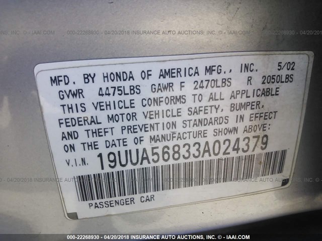 19UUA56833A024379 - 2003 ACURA 3.2TL TYPE-S SILVER photo 9