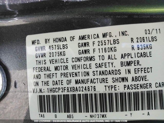 1HGCP3F8XBA024876 - 2011 HONDA ACCORD EXL GRAY photo 9