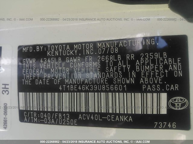 4T1BE46K39U856601 - 2009 TOYOTA CAMRY SE/LE/XLE WHITE photo 9