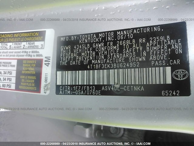 4T1BF3EK3BU624952 - 2011 TOYOTA CAMRY SE/LE/XLE SILVER photo 9