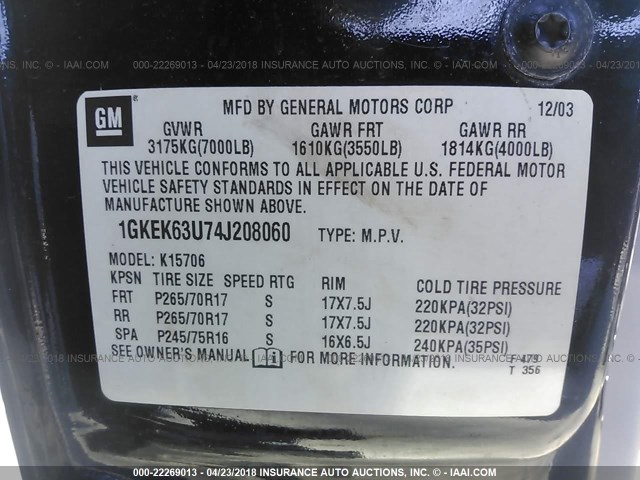 1GKEK63U74J208060 - 2004 GMC YUKON DENALI BLACK photo 9