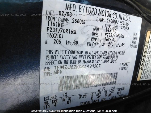 1FMZU62K03ZA84507 - 2003 FORD EXPLORER XLS/XLS SPORT BLUE photo 9