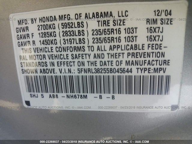 5FNRL38255B045644 - 2005 HONDA ODYSSEY LX SILVER photo 9