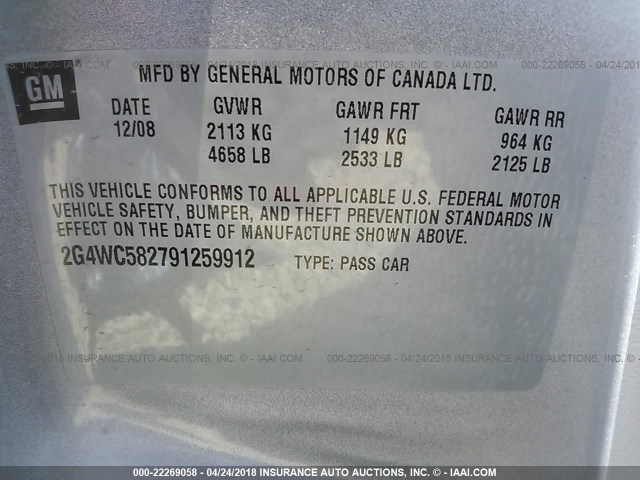 2G4WC582791259912 - 2009 BUICK LACROSSE CX SILVER photo 9