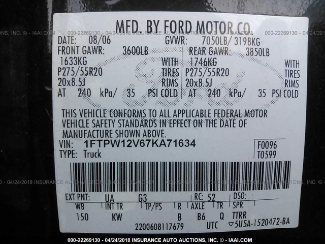 1FTPW12V67KA71634 - 2007 FORD F150 SUPERCREW BLACK photo 9