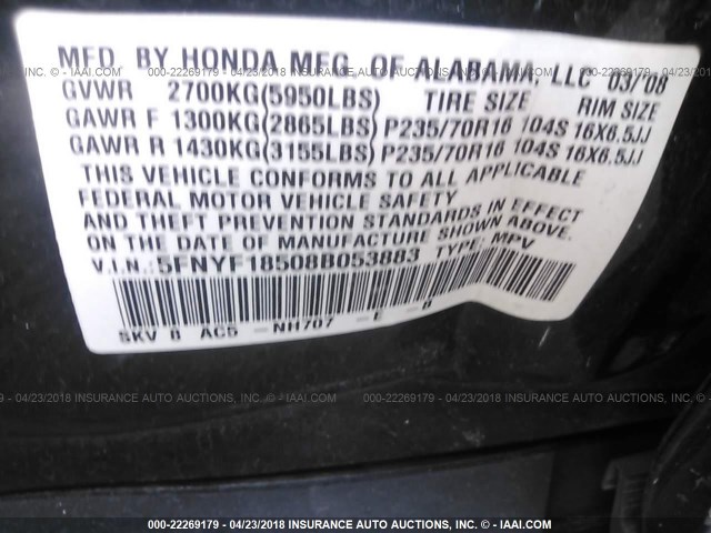 5FNYF18508B053883 - 2008 HONDA PILOT EXL BLACK photo 9