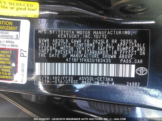 4T1BF1FK6CU183435 - 2012 TOYOTA CAMRY SE/LE/XLE 深蓝色 照片 9