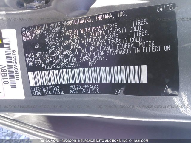 5TDZA23C35S325901 - 2005 TOYOTA SIENNA CE/LE GRAY photo 9