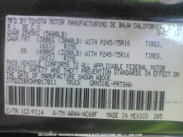 3TMDZ5BN3HM017011 - 2017 TOYOTA TACOMA DBL CAB/SR5/TRD SPORT/OR GRAY photo 9