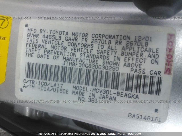 JTHBF30G820030290 - 2002 LEXUS ES 300 SILVER photo 9