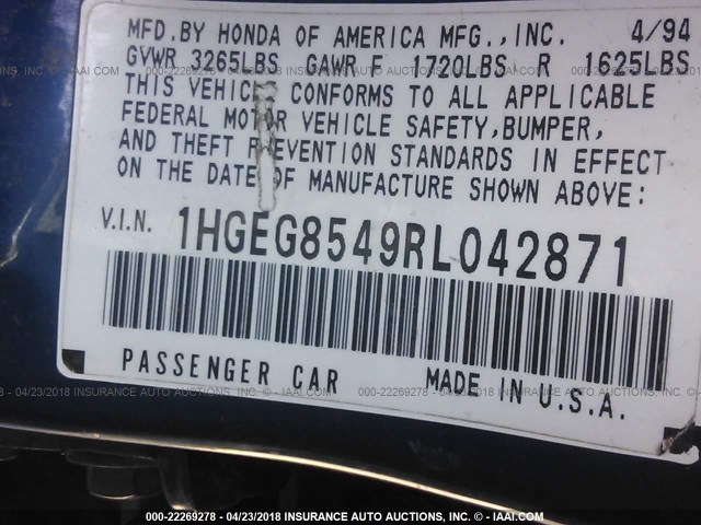 1HGEG8549RL042871 - 1994 HONDA CIVIC DX/LX ლურჯი ფოტო 9