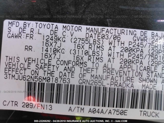 3TMJU62N56M018763 - 2006 TOYOTA TACOMA DOUBLE CAB PRERUNNER BLACK photo 9