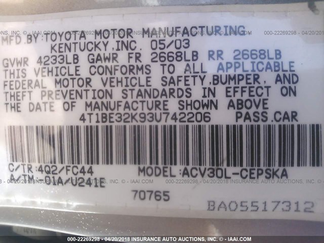 4T1BE32K93U742206 - 2003 TOYOTA CAMRY LE/XLE/SE GOLD photo 9