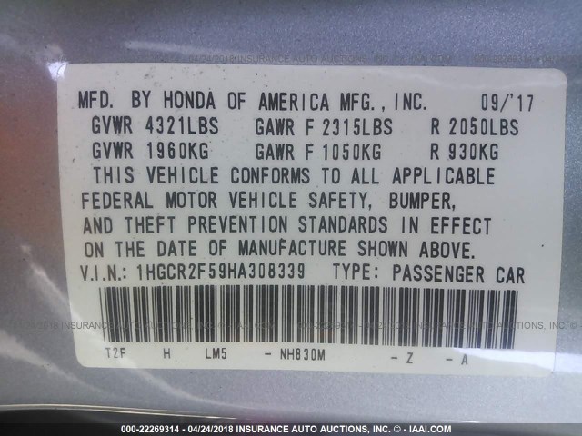 1HGCR2F59HA308339 - 2017 HONDA ACCORD SPORT 银色 照片 9