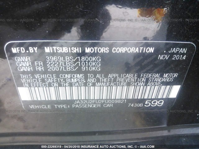 JA32U2FU2FU009821 - 2015 MITSUBISHI LANCER ES BLACK photo 9