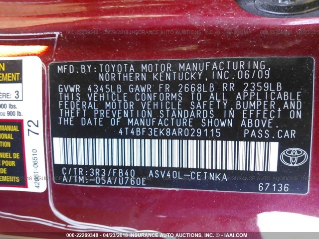 4T4BF3EK8AR029115 - 2010 TOYOTA CAMRY SE/LE/XLE 红色 照片 9
