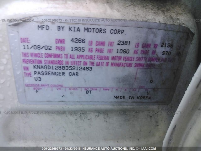 KNAGD128835212483 - 2003 KIA OPTIMA LX/SE WHITE photo 9