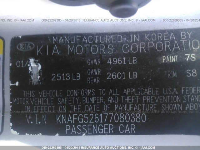 KNAFG526177080380 - 2007 KIA RONDO LX/EX SILVER photo 9