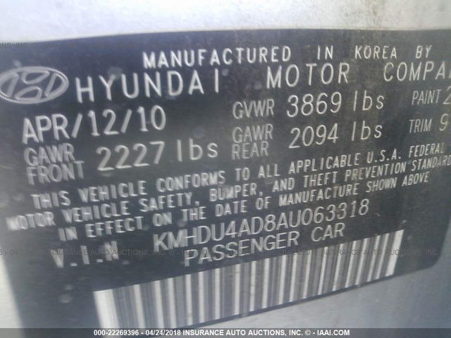 KMHDU4AD8AU063318 - 2010 HYUNDAI ELANTRA BLUE/GLS/SE SILVER photo 9