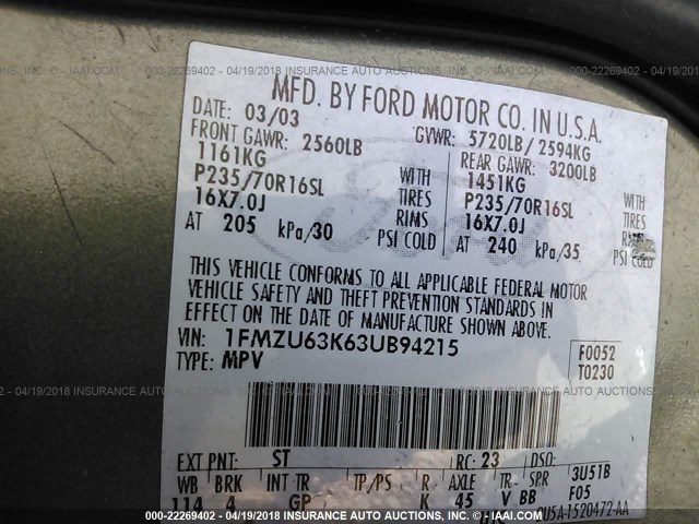 1FMZU63K63UB94215 - 2003 FORD EXPLORER XLT/XLT SPORT/NBX GREEN photo 9