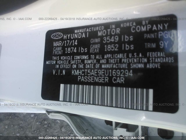 KMHCT5AE9EU169294 - 2014 HYUNDAI ACCENT GLS/GS WHITE photo 9