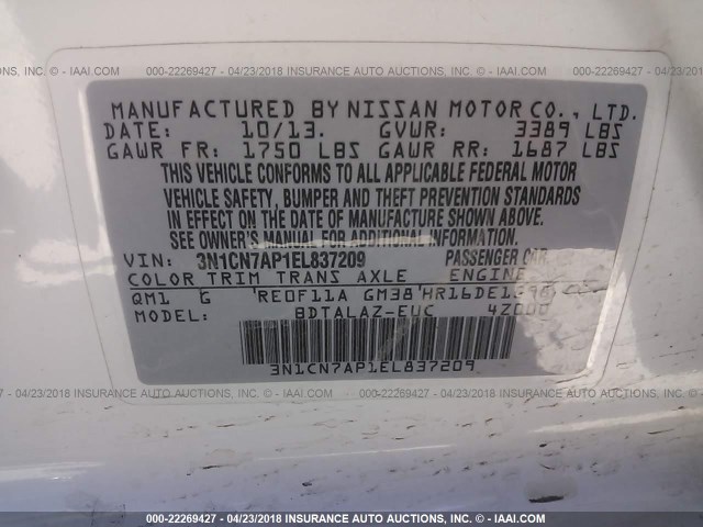 3N1CN7AP1EL837209 - 2014 NISSAN VERSA S/S PLUS/SV/SL WHITE photo 9