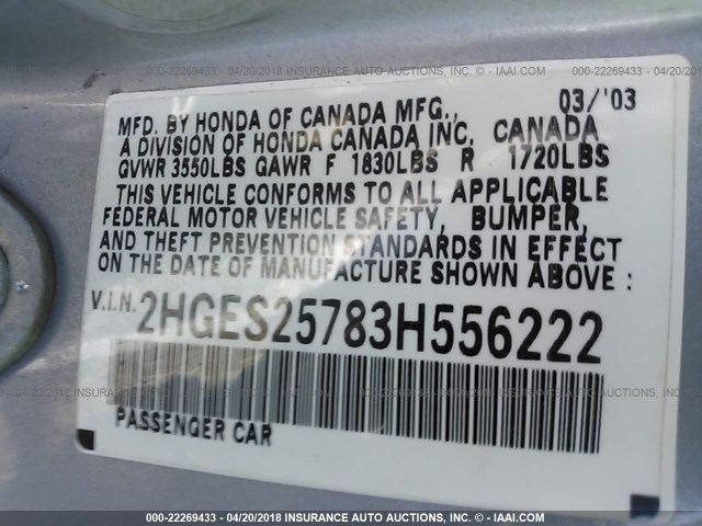 2HGES25783H556222 - 2003 HONDA CIVIC EX GRAY photo 9