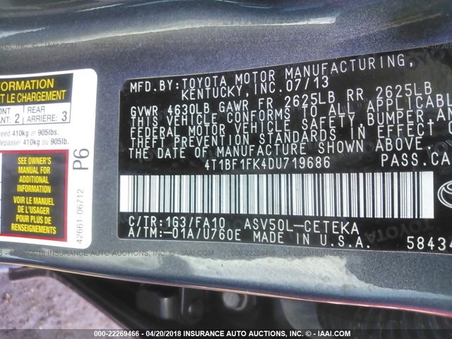 4T1BF1FK4DU719686 - 2013 TOYOTA CAMRY L/SE/LE/XLE 灰色 照片 9