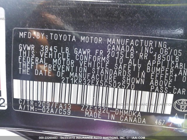 2T1KR32EX5C502570 - 2005 TOYOTA COROLLA MATRIX XR BLACK photo 9