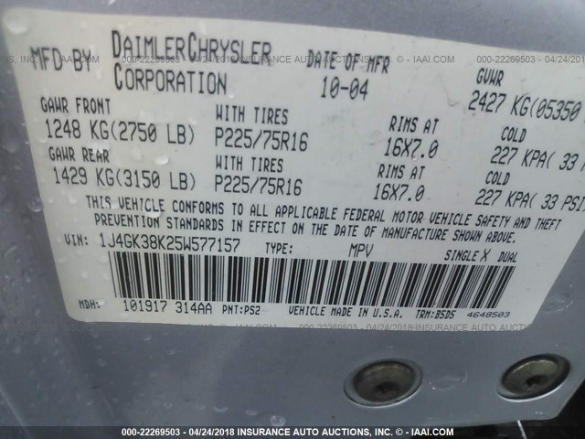 1J4GK38K25W577157 - 2005 JEEP LIBERTY RENEGADE SILVER photo 9