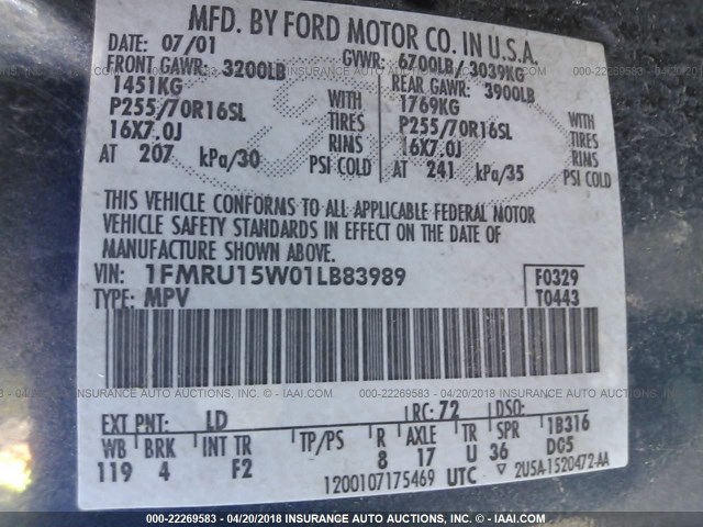 1FMRU15W01LB83989 - 2001 FORD EXPEDITION XLT ლურჯი ფოტო 9