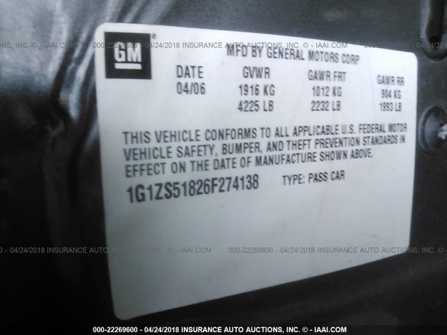 1G1ZS51826F274138 - 2006 CHEVROLET MALIBU LS 灰色 照片 9