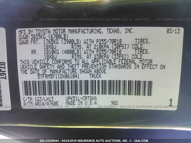 5TFRM5F11DX061041 - 2013 TOYOTA TUNDRA DOUBLE CAB SR5 GRAY photo 9