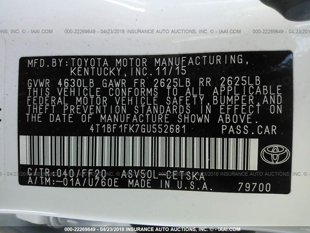 4T1BF1FK7GU552681 - 2016 TOYOTA CAMRY LE/XLE/SE/XSE WHITE photo 9